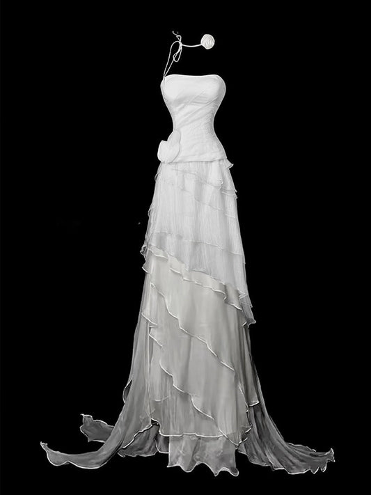 Elegant Strapless Sheath Long Prom Dresses, Chiffon White Evening Gowns DP3219