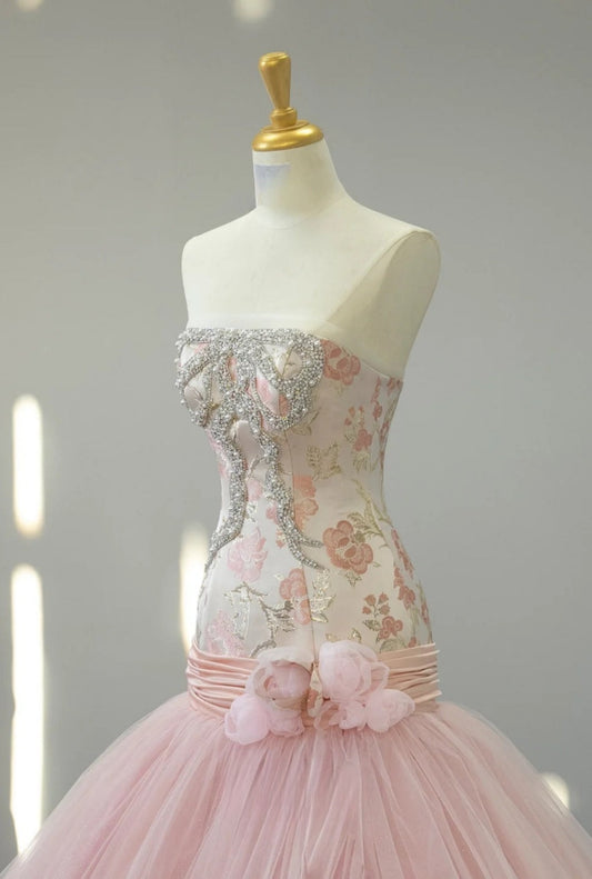 Fairy Strapless Mermaid Long Prom Dresses, Beaded Tulle Pink Evening Gowns DP3221