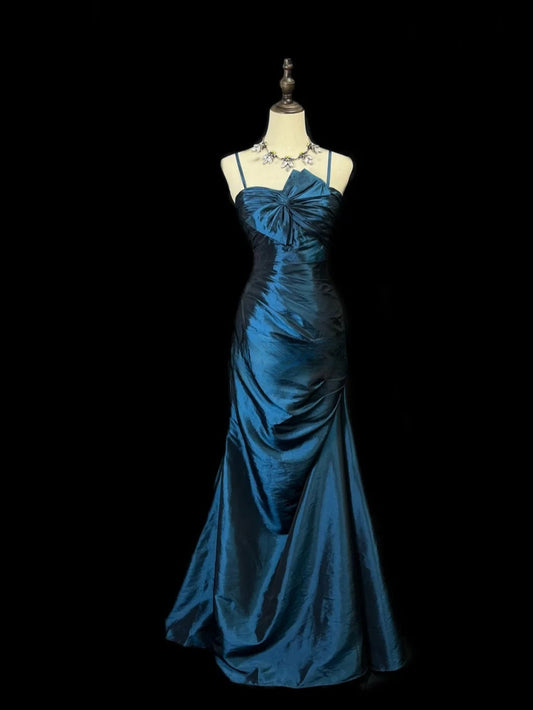 Chic Satin Spaghetti Strap Sheath Long Prom Dresses, Navy Blue Evening Gowns DP3222