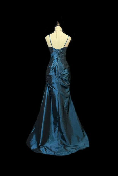 Chic Satin Spaghetti Strap Sheath Long Prom Dresses, Navy Blue Evening Gowns DP3222