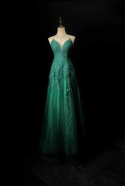 Fairy Spaghetti Strap Sheath Long Prom Dresses, Tulle Green Evening Dresses DP3224