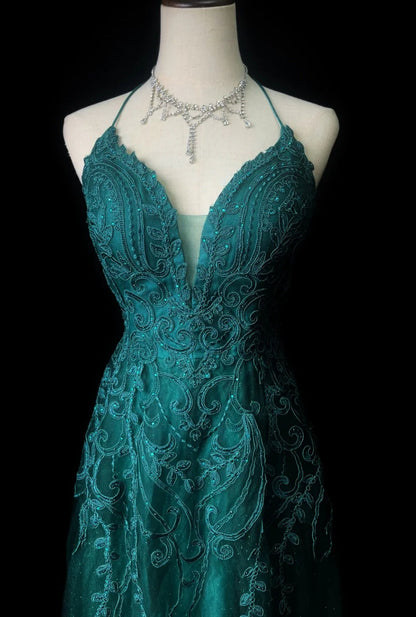 Fairy Spaghetti Strap Sheath Long Prom Dresses, Tulle Green Evening Dresses DP3224