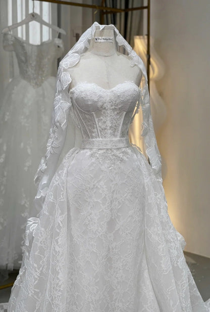 Elegant Sweetheart Neck Sheath Wedding Dresses White Lace Trailing Bridal Gowns DP3228