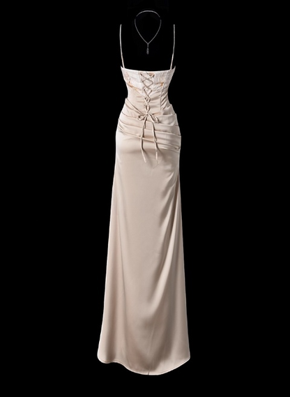 Chic Spaghetti Strap Sheath Wedding Guest Dress, Satin Champagne Formal Dresses DP3231