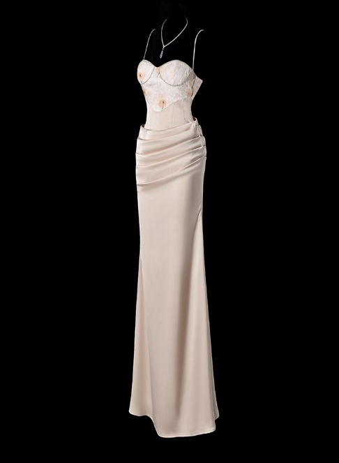 Chic Spaghetti Strap Sheath Wedding Guest Dress, Satin Champagne Formal Dresses DP3231