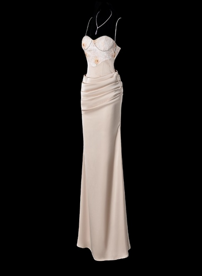 Chic Spaghetti Strap Sheath Wedding Guest Dress, Satin Champagne Formal Dresses DP3231