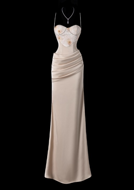 Chic Spaghetti Strap Sheath Wedding Guest Dress, Satin Champagne Formal Dresses DP3231
