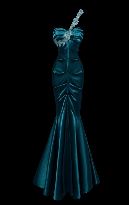 Chic One Shoulder Mermaid Wedding Guest Dress, Satin Dark Teal Long Prom Dresses DP3232