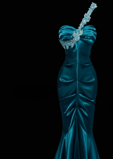 Chic One Shoulder Mermaid Wedding Guest Dress, Satin Dark Teal Long Prom Dresses DP3232