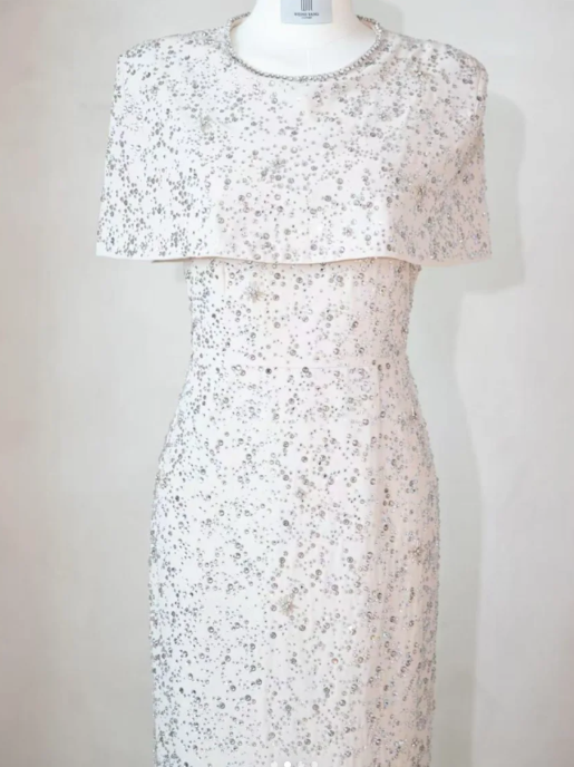 Glam Jewel Sheath Mother of the Bride Dresses with shawl, sequins White Evening Dresses DP3235