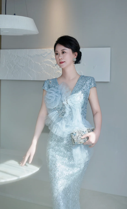 Glitter V neck Mermaid Mother of the Bride Dresses, Sequined Tulle Blue Evening Dresses DP3237