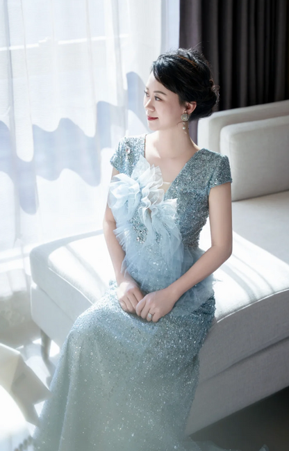 Glitter V neck Mermaid Mother of the Bride Dresses, Sequined Tulle Blue Evening Dresses DP3237