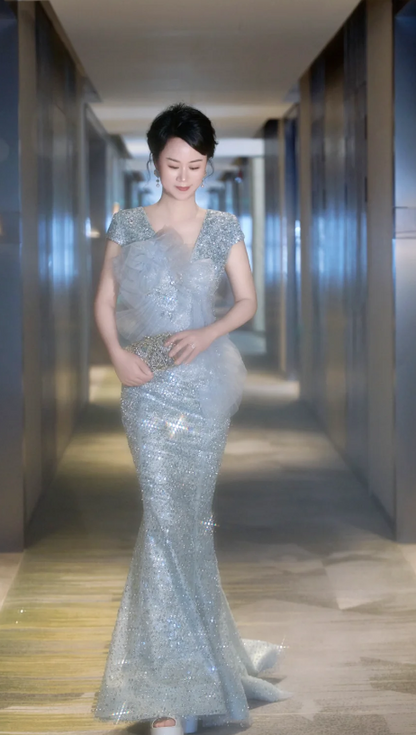 Glitter V neck Mermaid Mother of the Bride Dresses, Sequined Tulle Blue Evening Dresses DP3237