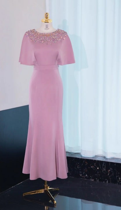 Modest Jewel Mermaid Mother of the Bride Dresses, Satin Dusty Pink Evening Dresses DP3238