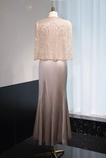 Elegant Jewel Mermaid Mother of the Bride Dresses with Cape, Light Brown Satin Evening Dresses DP3239