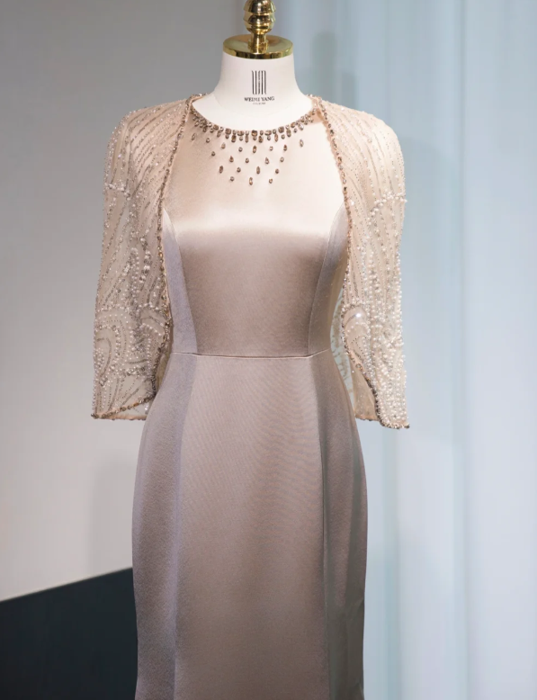 Elegant Jewel Mermaid Mother of the Bride Dresses with Cape, Light Brown Satin Evening Dresses DP3239