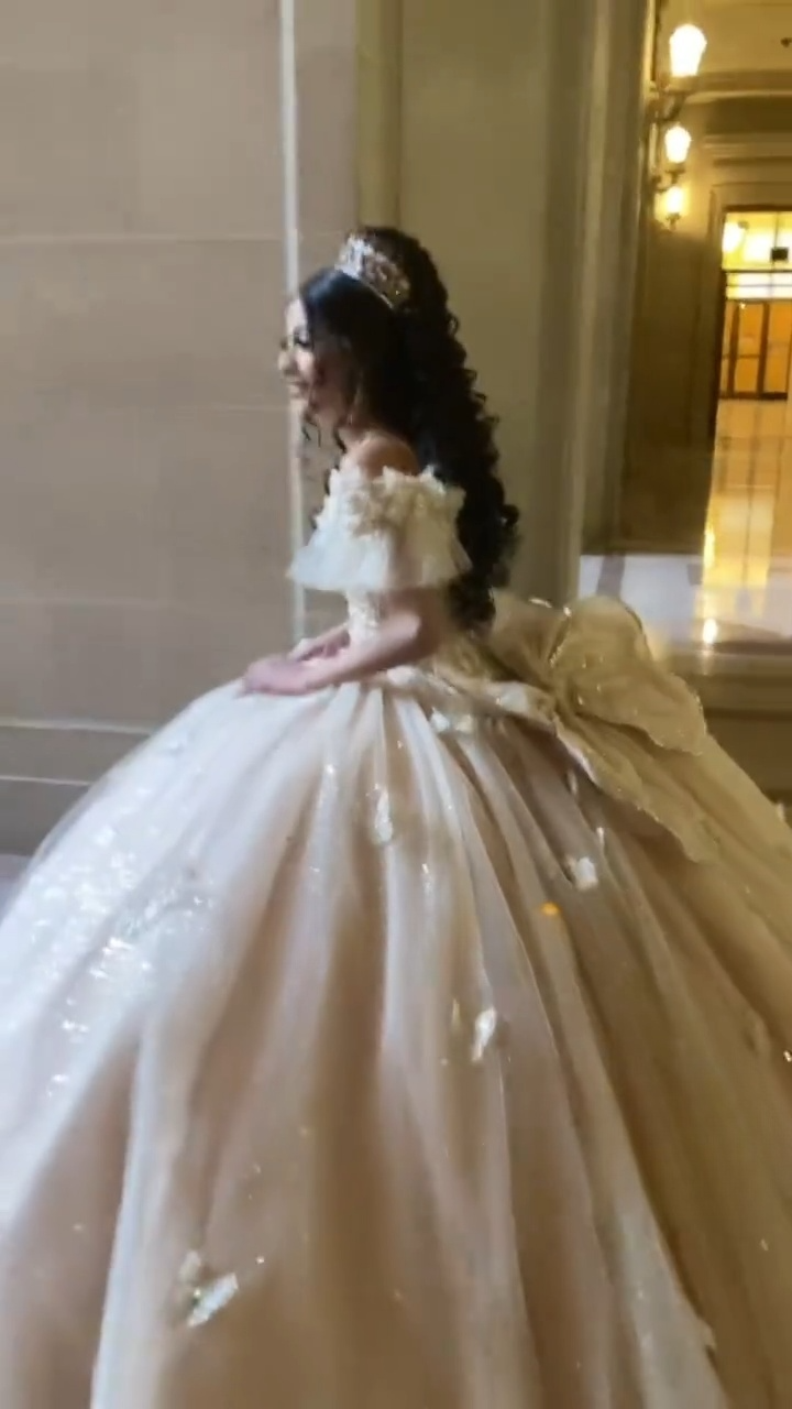 Gorgeous Off-the-Shoulder Ball Gowns Champagne Tulle Sequins Long Quinceanera Dress Formal Gowns Vestido De 15 Anos Sweet 16 Dress DP3241