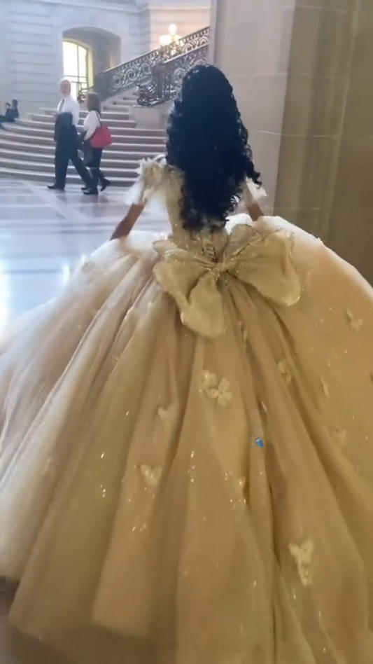Gorgeous Off-the-Shoulder Ball Gowns Champagne Tulle Sequins Long Quinceanera Dress Formal Gowns Vestido De 15 Anos Sweet 16 Dress DP3241