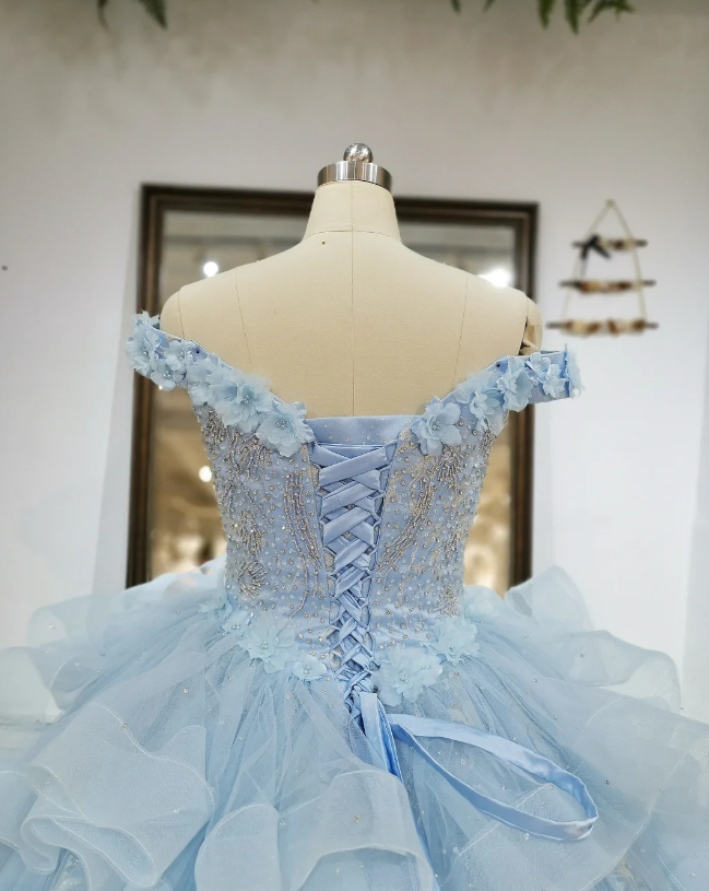 Cute Off Shoulder Ball Gowns Pale Blue Tulle Beaded Long Quinceanera Dress Formal Gowns Vestido De 15 Anos Sweet 16 Dress DP3244