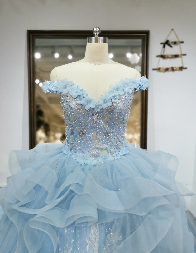 Cute Off Shoulder Ball Gowns Pale Blue Tulle Beaded Long Quinceanera Dress Formal Gowns Vestido De 15 Anos Sweet 16 Dress DP3244