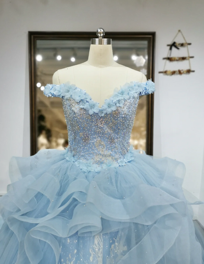 Cute Off Shoulder Ball Gowns Pale Blue Tulle Beaded Long Quinceanera Dress Formal Gowns Vestido De 15 Anos Sweet 16 Dress DP3244