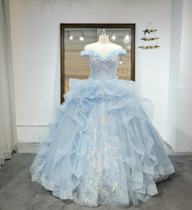 Cute Off Shoulder Ball Gowns Pale Blue Tulle Beaded Long Quinceanera Dress Formal Gowns Vestido De 15 Anos Sweet 16 Dress DP3244