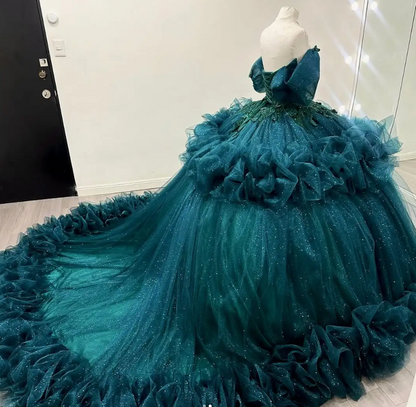 Cute Off Shoulder Ball Gowns Jade Tulle Long Quinceanera Dress Formal Gowns Vestido De 15 Anos Sweet 16 Dress DP3245