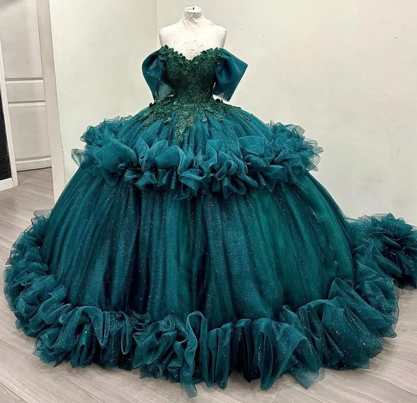 Cute Off Shoulder Ball Gowns Jade Tulle Long Quinceanera Dress Formal Gowns Vestido De 15 Anos Sweet 16 Dress DP3245