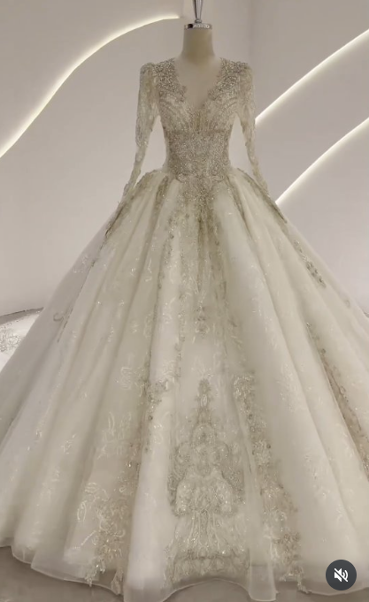 White A-Line Luxury Wedding Dresses, Tulle Beaded V-Neck Bridal Gowns Long Sleeve Applique Bridal Dresses DP3246