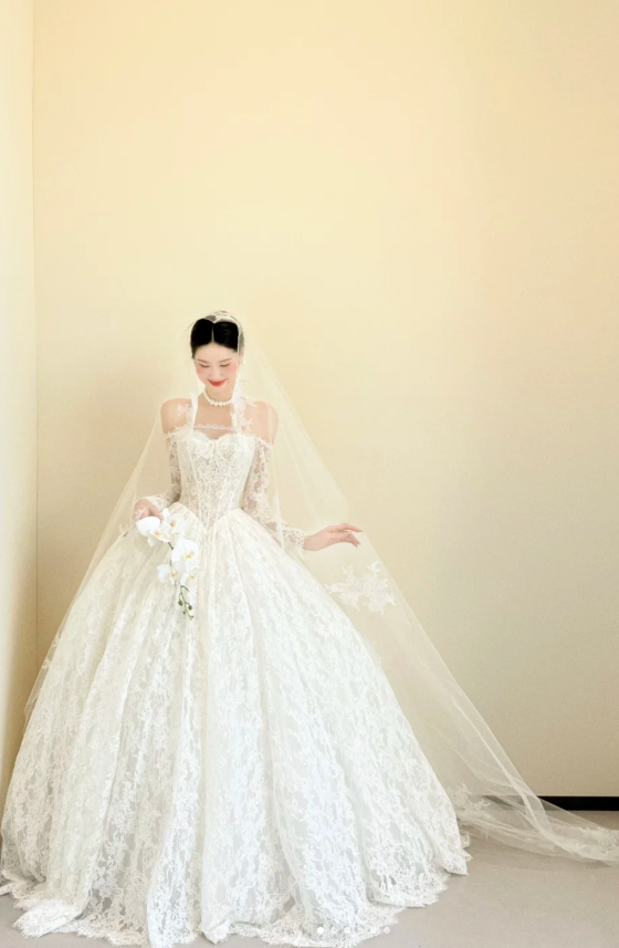 Modest Off-the-shoulder Ball Gown Luxury Wedding Dresses, Lace Applique White Bridal Gowns Long Sleeve Bridal Dresses DP3247