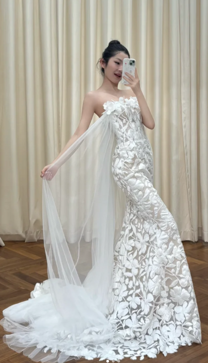 Modest Strapless Sheath Luxury Wedding Dresses Tulle Applique White Bridal Gowns Sleeveless Bridal Dresses DP3248