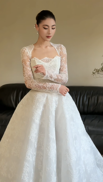 Beautiful Wedding Dresses with Appliques White Lace Bridal Gowns Long Sleeve Bridal Dresses