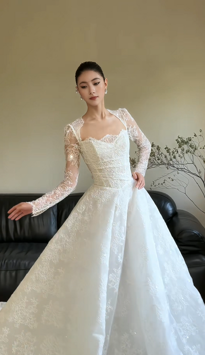 Beautiful Wedding Dresses with Appliques White Lace Bridal Gowns Long Sleeve Bridal Dresses