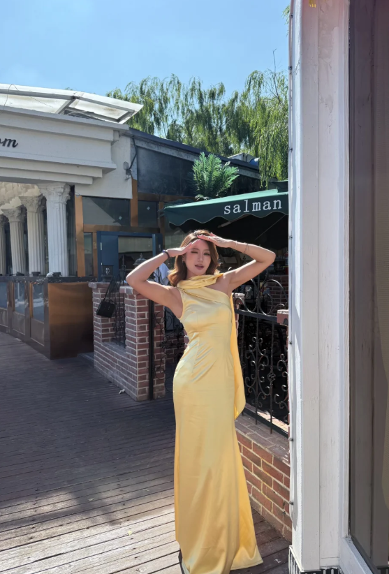 Simple One Shoulder Sheath Long Evening Dresses Satin Yellow Bridesmaid Dresses DP3291
