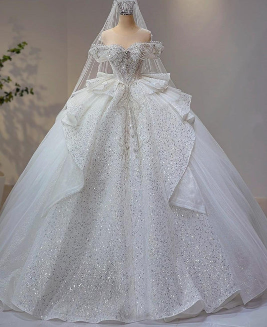 Timeless Off-the-shoulder Ball Gown Long Wedding Dresses Tulle White Bridal Gowns DP3301