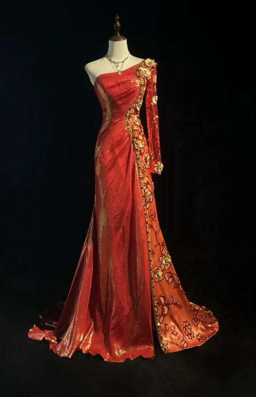 Elegant One Shoulder Sheath Long Evening Dresses Satin Red Prom Dresses DP3309