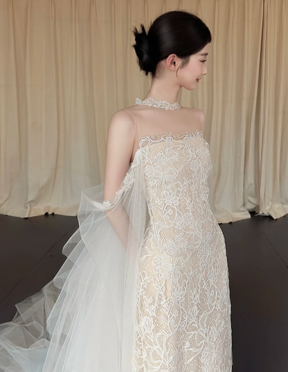 Elegant Strapless Sheath Wedding Dresses Lace Applique White Bridal Dresses DP3327