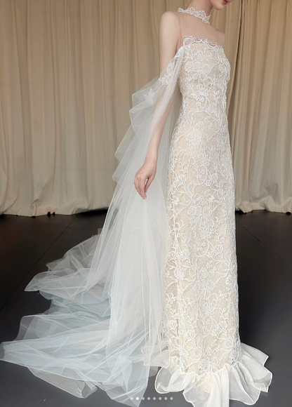 Elegant Strapless Sheath Wedding Dresses Lace Applique White Bridal Dresses DP3327