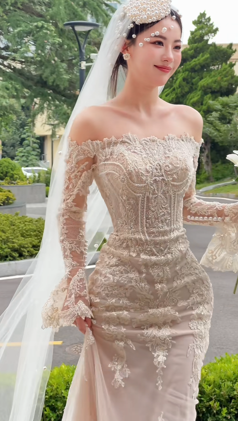 Elegant Off-the-shoulder Sheath Wedding DressesTulle Applique Ivory Bridal Gowns DP3328