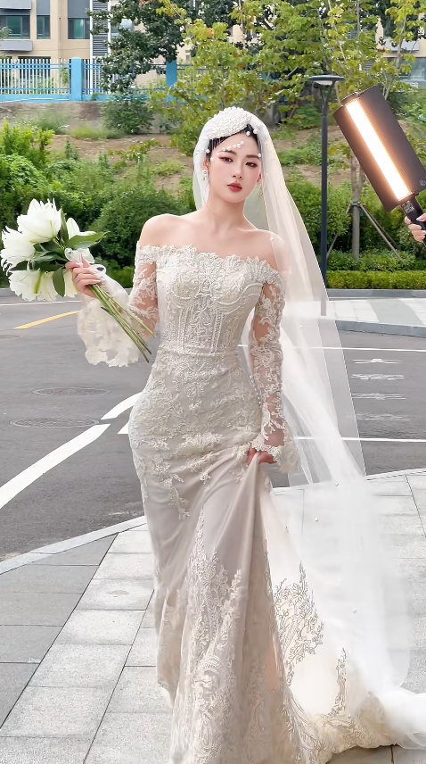 Elegant Off-the-shoulder Sheath Wedding DressesTulle Applique Ivory Bridal Gowns DP3328