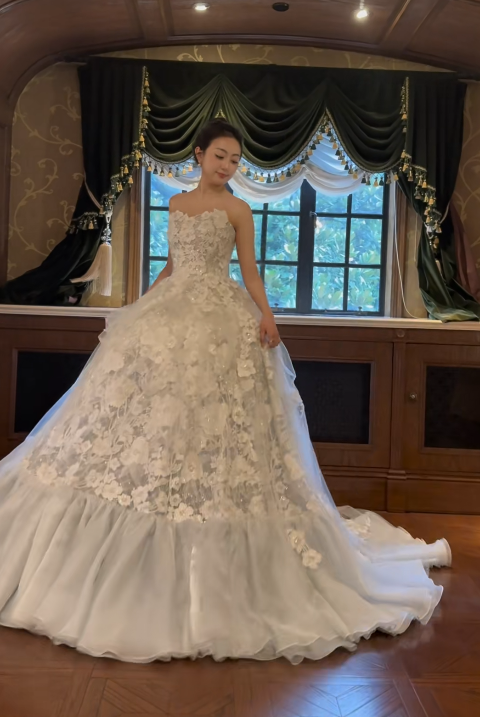 Timeless Strapless Ball Gown Tulle Applique Wedding Dresses White Bridal Gowns DP3329