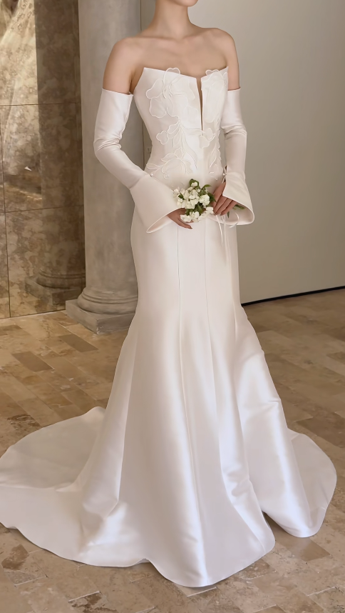 Timeless Strapless Mermaid Wedding Dresses Satin White Bridal Gowns DP3330