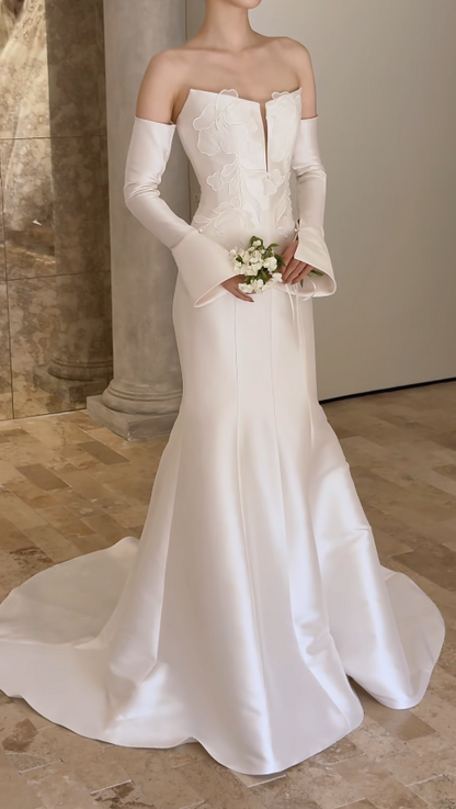 Timeless Strapless Mermaid Wedding Dresses Satin White Bridal Gowns DP3330