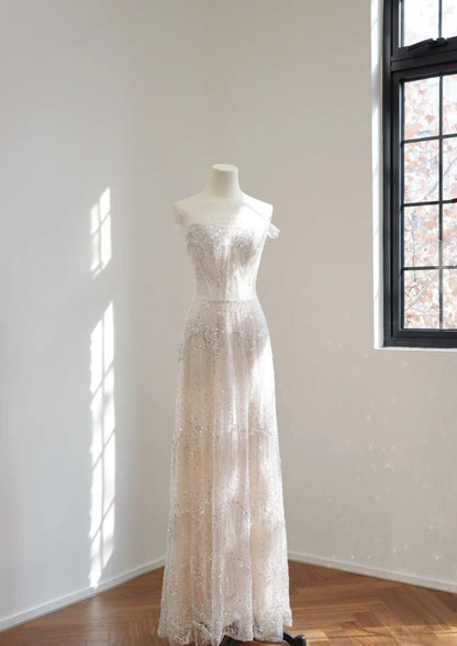 Simple Strapless Sheath Wedding Dresses Sequined Tulle White Bridal Gowns DP3352