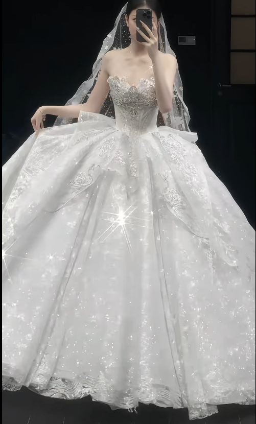 Glitter Strapless Ball Gown Tulle Wedding Dresses Beaded White Bridal Gowns Sleeveless Bridal Dresses DP3357