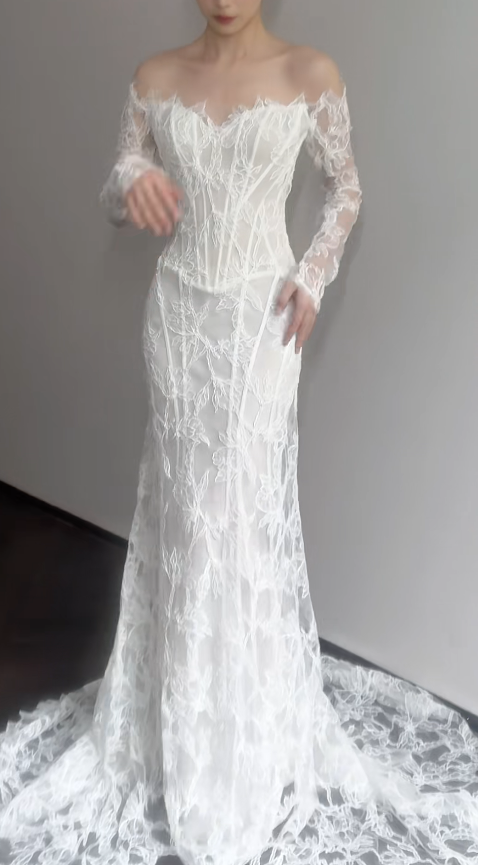 Simple Off-the-shoulder Mermaid Wedding Dresses Lace White Bridal Gowns Long Sleeve Bridal Dresses DP3358