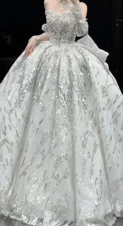 Sparkly Strapless Ball Gown Tulle Wedding Dresses Scented White Bridal Gowns Sleeveless Bridal Dresses DP3360