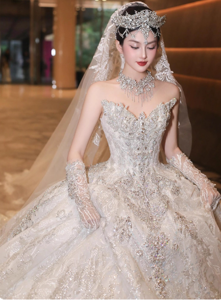 Luxury Sweetheart Neck Ball Gown Beaded Long Wedding Dresses Tulle White Bridal Dresses Sleeveless Bridal Gowns DP3697