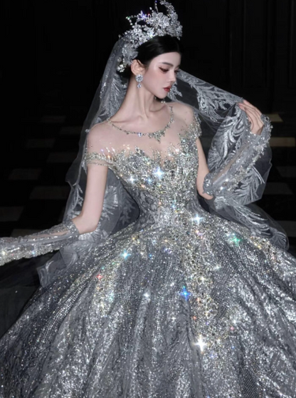 Luxury Off-the-shoulder Ball Gown Beaded Long Wedding Dresses Tulle Silver Bridal Dresses Sleeveless Bridal Gowns DP3698