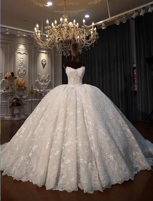 Luxury Strapless Ball Gown Applique Long Wedding Dresses Lace Ivory Bridal Dresses Sleeveless Bridal Gowns DP3699